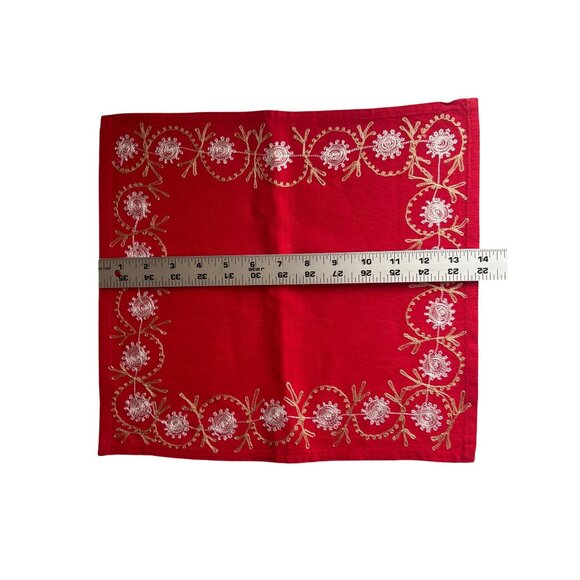 Red Embroidered Floral Table Napkins Set Of 6, 14" x 13" - Picture 3 of 6
